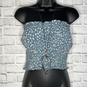 Le Lis Blue White Tube Top Crop Summer Top Ruffle Smocked Size Large Boho Hippie